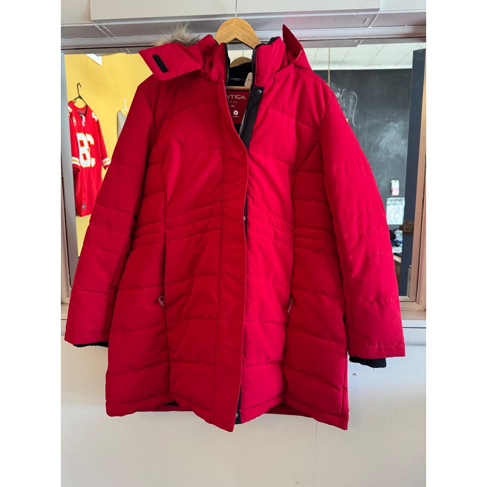 Nautica Womens Red Puffer Parka Jacket Detachable Faux Fur Hood Size XL